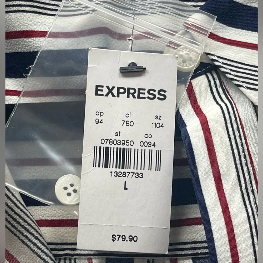 Express Women’s Portofino Shirt Dress, Size L, Blue & Burgundy Stripe. - Picture 6 of 6